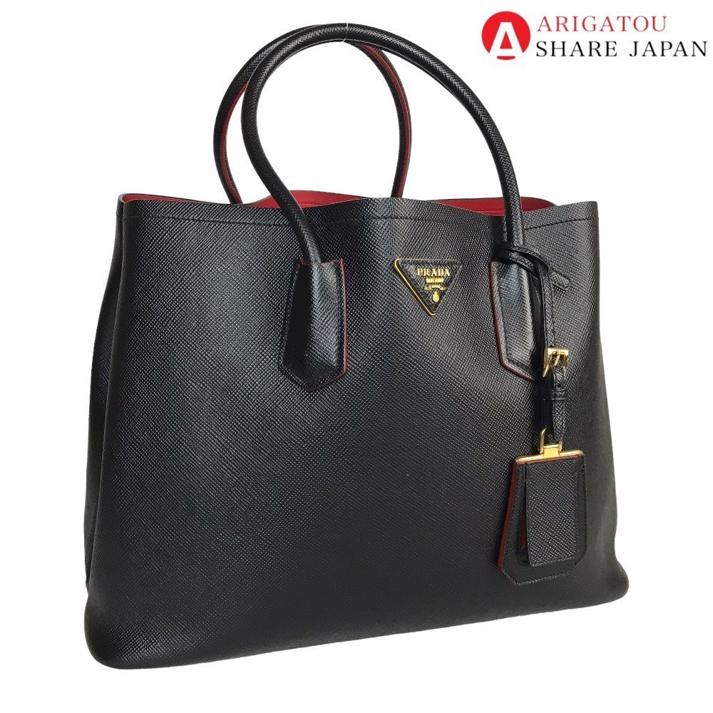 Prada Double Tote Bag Leather Shoulder Bag Black Red